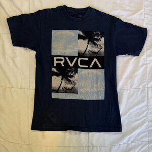 RVCA Navy Blue Beach Scene Logo Graphic Tee Shirt Skate Surf Men sz M Medium